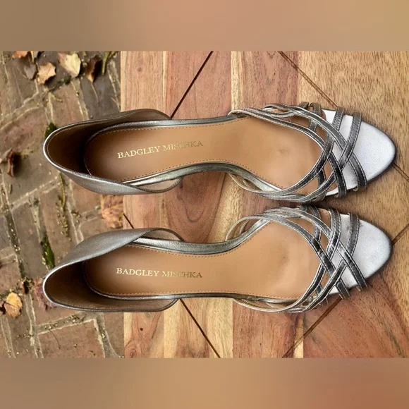 Badgley Mischka Silver High Heel Sandals | Size 8M - Picture 2 of 9